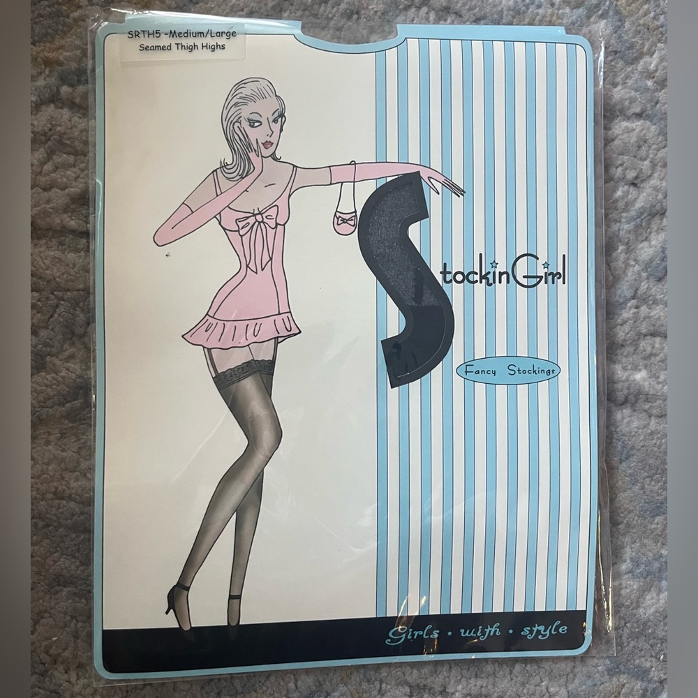 NWT Stockin Girl Emma Sheer Seamed Pure Nylon Thigh Highs srth5 size m/l black